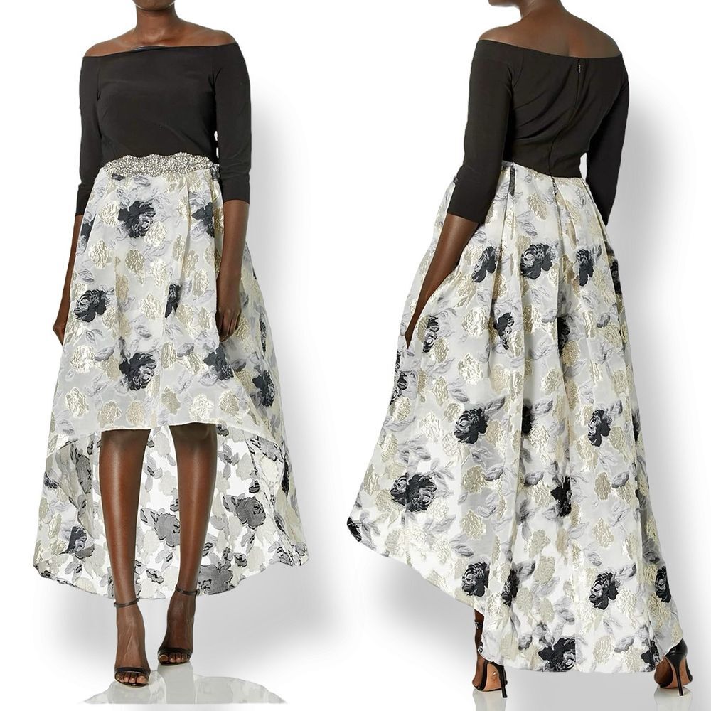 Cachet Off Shoulder‎ High Low Maxi Dress Gown Size 10 Rhinestone Floral Organza